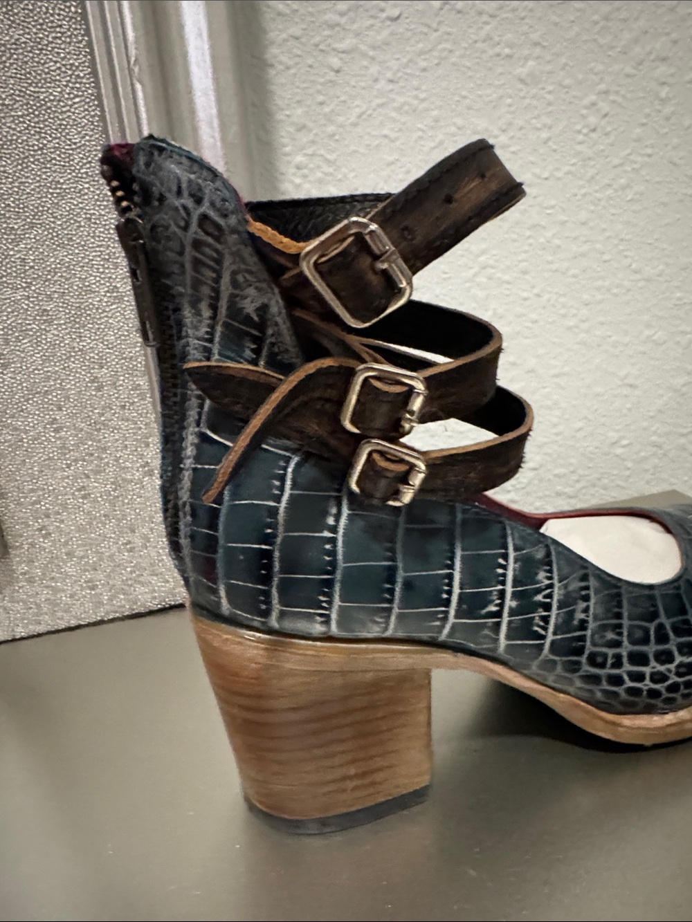 Freebird by Steven Teal Croc-Embossed Ankle-Strap Pumps with Brown Straps - Picture 3 of 5
